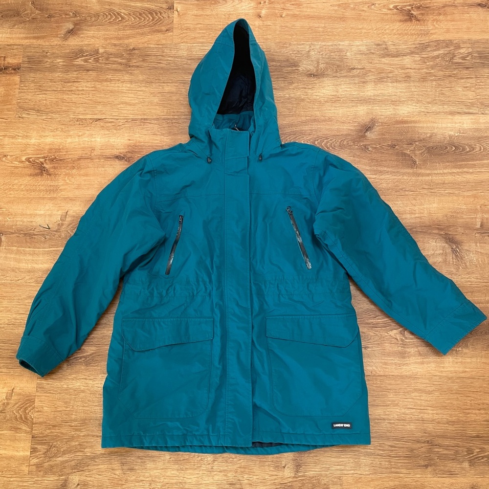 Lands End Kids Waterproof Squall Parka Jacket Size Large Blue‎ Snow Rain Fleece